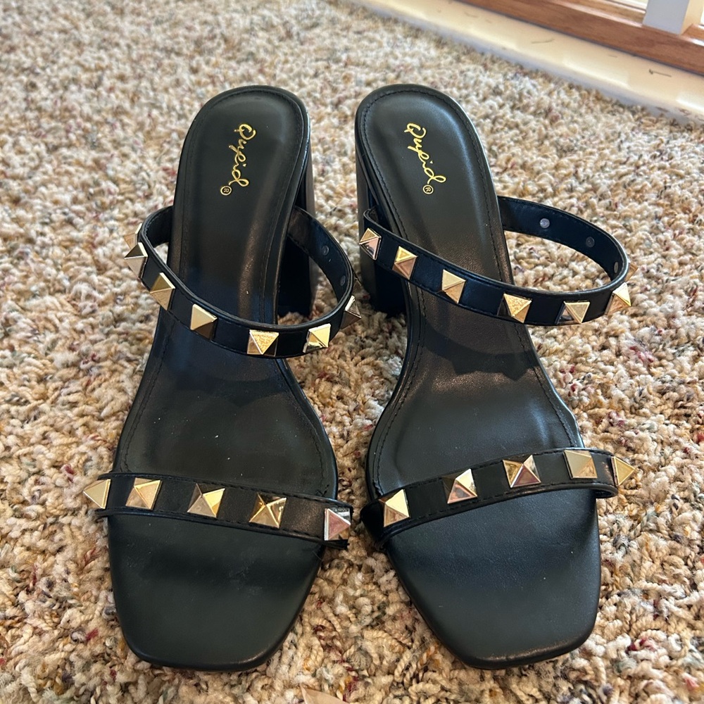 Qupid Black Studded Block Heel Slide Sandals